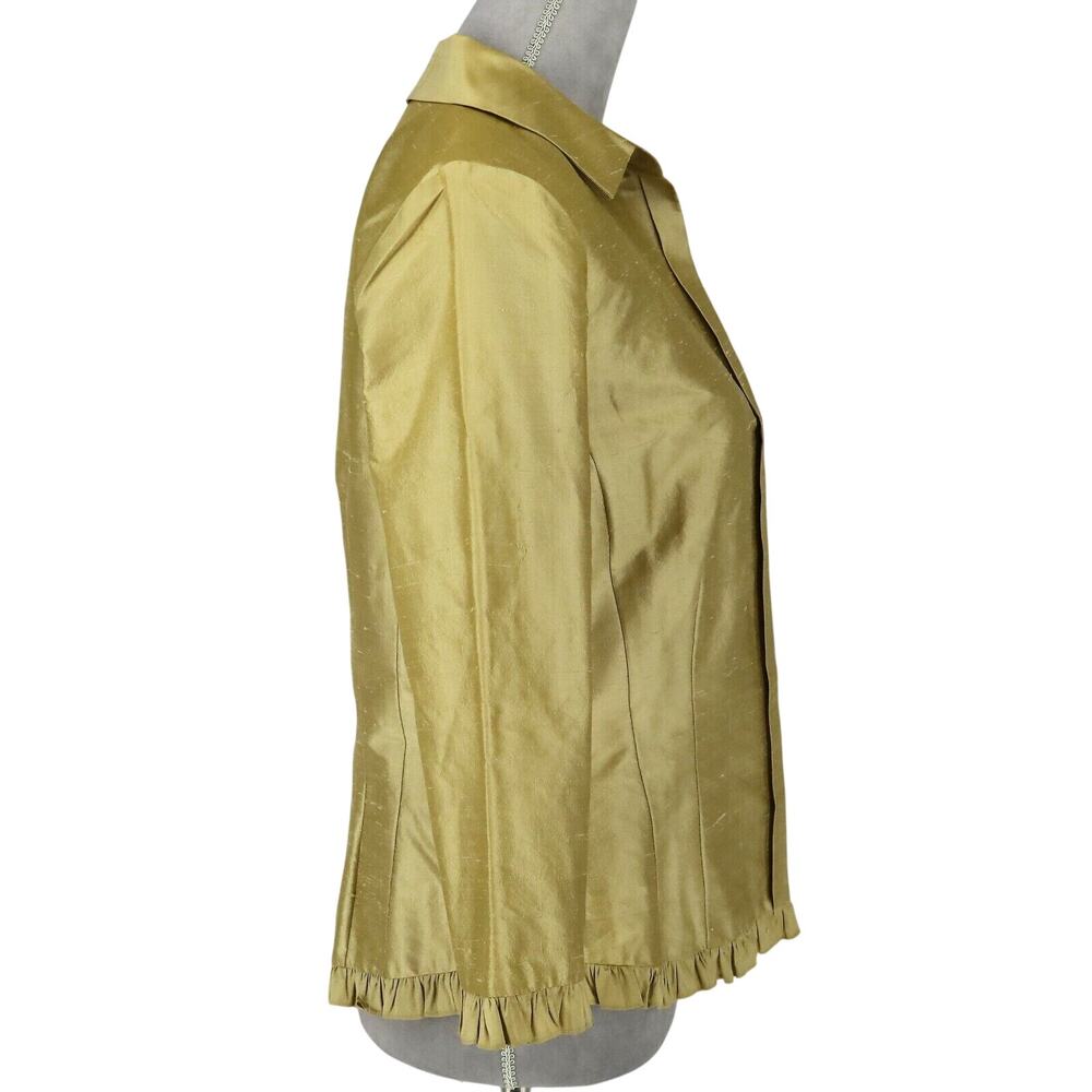 Cache Jacket Womens 8 All Silk Green Gold Lined Pleated Trim Lightweight Vintage - Picture 12 of 12